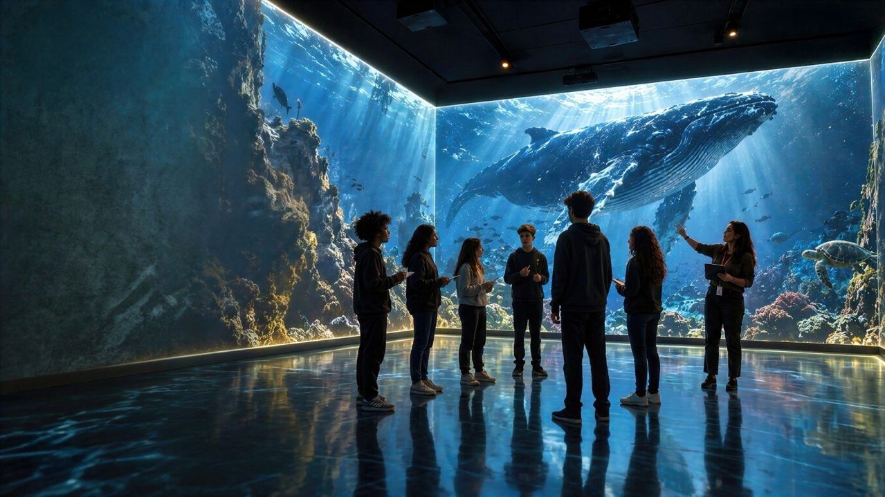 Illustration of a teacher and students exploring an immersive underwater environment